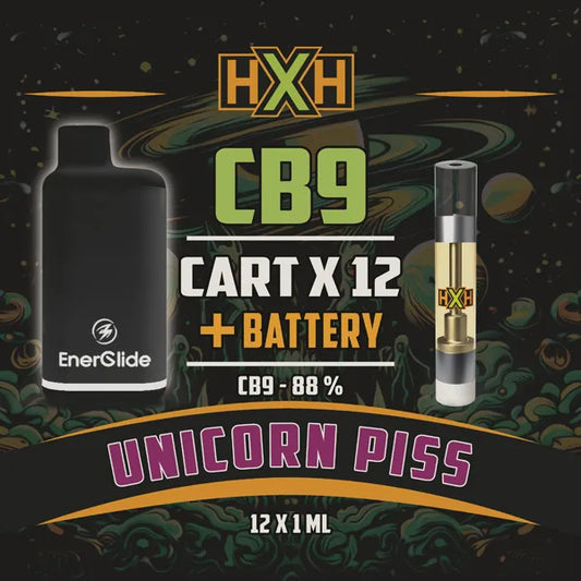 12 x CB-9 Пълнител Вейп + Батерия от HempXHub, съдържащ 12ml с 88% CB9 7% CBD-CRD и терпенов аромат на Unicorn Piss, Забавен, смееш се за цитрусов аромат ефект.