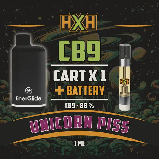 1 x CB-9 Пълнител Вейп + Батерия от HempXHub, съдържащ 1ml с 88% CB9 7% CBD-CRD и терпенов аромат на Unicorn Piss, Забавен, смееш се за цитрусов аромат ефект.