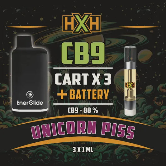 3 x CB-9 Пълнител Вейп + Батерия от HempXHub, съдържащ 3ml с 88% CB9 7% CBD-CRD и терпенов аромат на Unicorn Piss, забавен, смееш се за цитрусов аромат ефект.