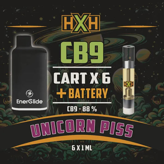 6 x CB-9 Пълнител Вейп + Батерия от HempXHub, съдържащ 6ml с 88% CB9 7% CBD-CRD и терпенов аромат на Unicorn Piss, Забавен, смееш се за цитрусов аромат ефект.