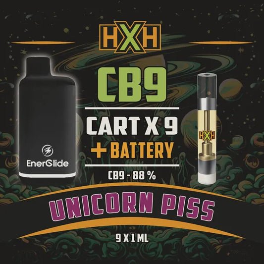 9 x CB-9 Пълнител Вейп + Батерия от HempXHub, съдържащ 9ml с 88% CB9 7% CBD-CRD и терпенов аромат на Unicorn Piss, Забавен, смееш се за цитрусов аромат ефект.