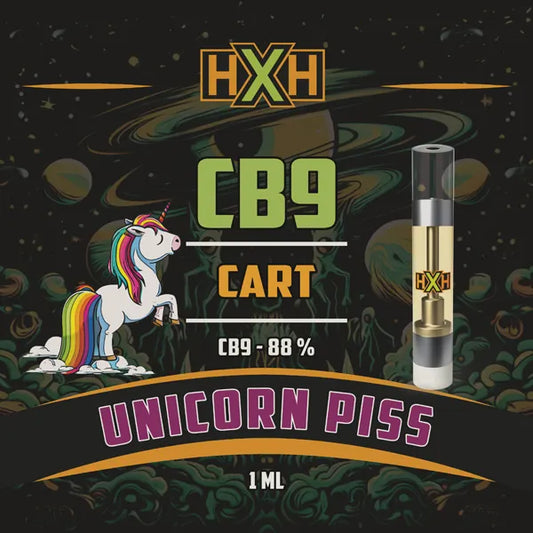 1 x CB-9 Пълнител Вейп от HempXHub, съдържащ 1ml с 88% CB9 7% CBD-CRD и терпенов аромат на Unicorn Piss, Забавен, смееш се за цитрусов аромат ефект.