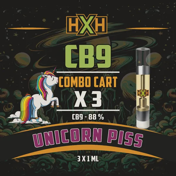 3 x CB-9 Пълнител Вейп от HempXHub, съдържащ 3ml с 88% CB9 7% CBD-CRD и терпенов аромат на Unicorn Piss, Забавен, смееш се за цитрусов аромат ефект.