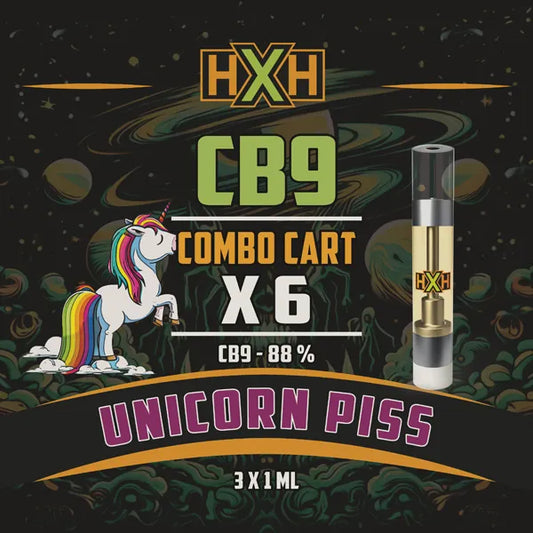 6 x CB-9 Пълнител Вейп от HempXHub, съдържащ 6ml с 88% CB9 7% CBD-CRD и терпенов аромат на Unicorn Piss, Забавен, смееш се за цитрусов аромат ефект.