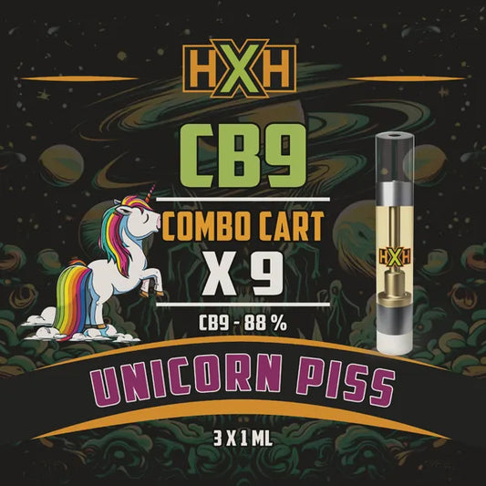 9 x CB-9 Пълнител Вейп от HempXHub, съдържащ 9ml с 88% CB9 7% CBD-CRD и терпенов аромат на Unicorn Piss, Забавен, смееш се за цитрусов аромат ефект.