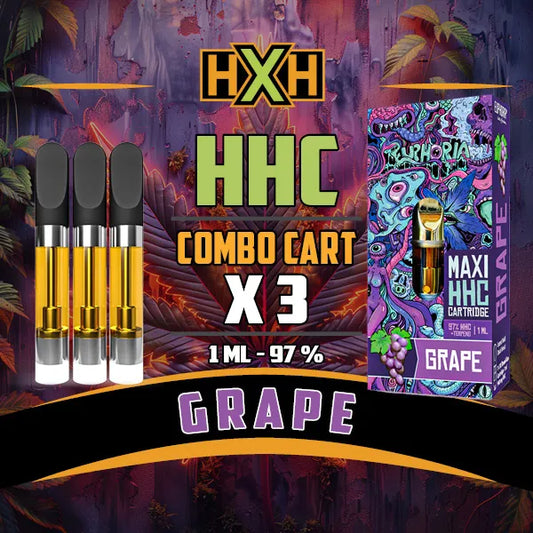 3 x HHC Пълнител Вейп от Euphoria, съдържащ 3ml с 97% и терпенов аромат на Grape, аромат на сладко грозде за повдигащ, щастлив ефект.
