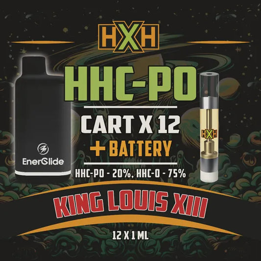 12 x HHC-PO Пълнител Вейп + Батерия от HempXHub, съдържащ 12ml с 20% HHC-PO 75% HHC-O и терпенов аромат на King Louis XIII, релаксиращ и успокояващ за аромат на земя ефект.