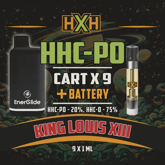 9 x HHC-PO Пълнител Вейп + Батерия от HempXHub, съдържащ 9ml с 20% HHC-PO 75% HHC-O и терпенов аромат на King Louis XIII, релаксиращ и успокояващ за аромат на земя ефект.