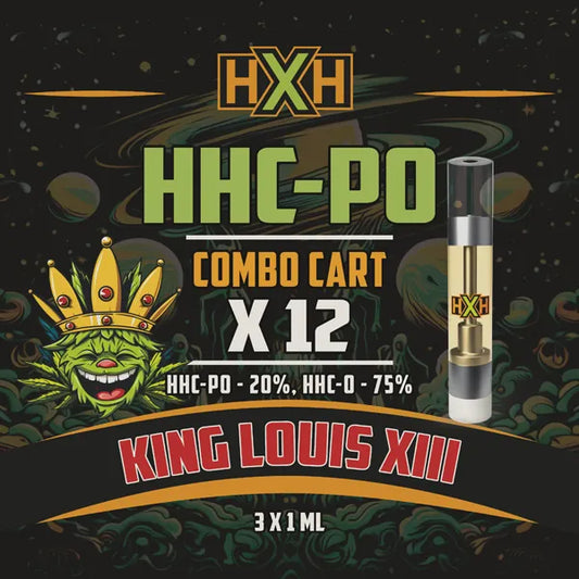 12 x HHC-PO Пълнител Вейп от HempXHub, съдържащ 12ml с 20% HHC-PO 75% HHC-O и терпенов аромат на King Louis XIII, релаксиращ и успокояващ за аромат на земя ефект.
