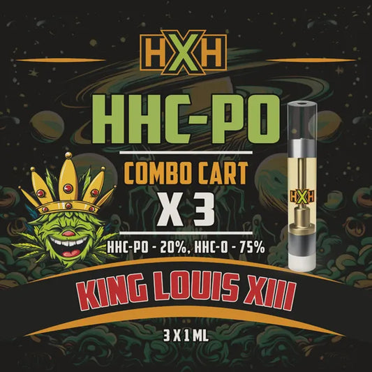 3 x HHC-PO Пълнител Вейп от HempXHub, съдържащ 3ml с 20% HHC-PО 75% HHC-O и терпенов аромат на King Louis XIII, релаксиращ и успокояващ за аромат на земя ефект.