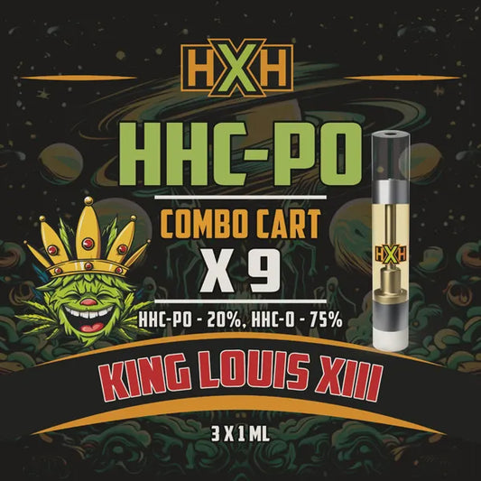 9 x HHC-PO Пълнител Вейп от HempXHub, съдържащ 9ml с 20% HHC-PО 75% HHC-O и терпенов аромат на King Louis XIII, релаксиращ и успокояващ за аромат на земя ефект.