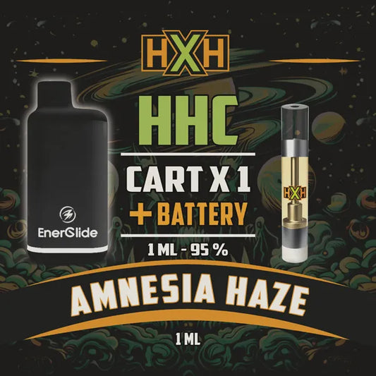 1 x HHC Пълнител Вейп + Батерия от HempXHub, съдържащ 1ml с 95% и терпенов аромат на Amnesia Haze, аромат на цитруси за повдигащ и еуфоричен ефект.