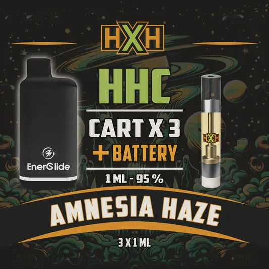 3 x HHC Пълнител Вейп + Батерия от HempXHub, съдържащ 3ml с 95% и терпенов аромат на Amnesia Haze, аромат на цитруси за повдигащ и еуфоричен ефект.