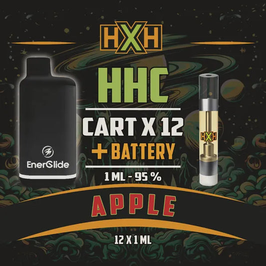 12 x HHC Пълнител Вейп + Батерия от HempXHub, съдържащ 12ml с 95% и терпенов аромат на Ябълка, сладко плодов аромат за Спокойна еуфория ефект.