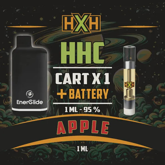 1 x HHC Пълнител Вейп + Батерия от HempXHub, съдържащ 1ml с 95% и терпенов аромат на Ябълка, сладко плодов аромат за Спокойна еуфория ефект.