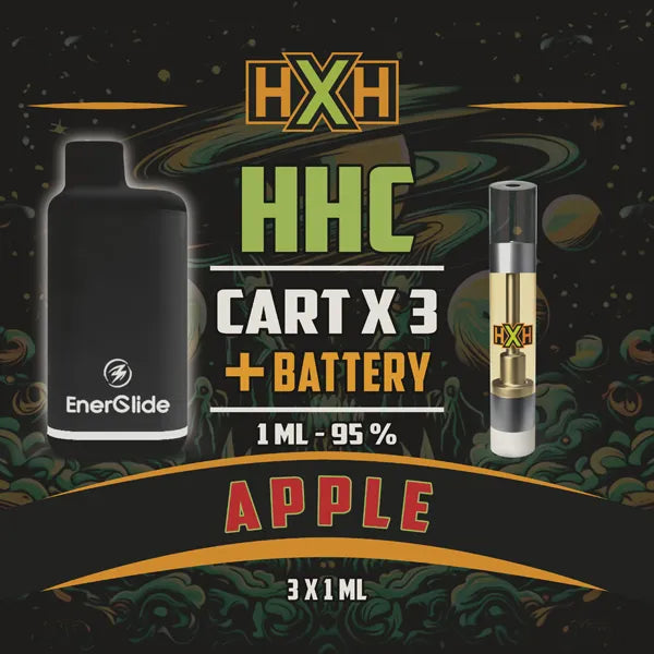 3 x HHC Пълнител Вейп + Батерия от HempXHub, съдържащ 3ml с 95% и терпенов аромат на Ябълка, сладко плодов аромат за Спокойна еуфория ефект.