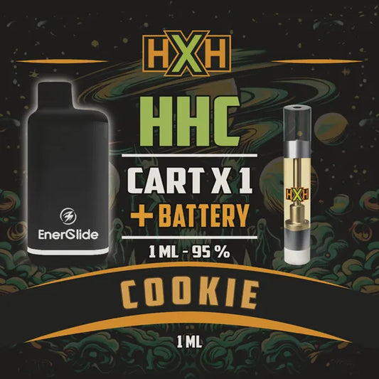 1 x HHC Пълнител Вейп + Батерия от HempXHub, съдържащ 1ml с 95% и терпенов аромат на Бисквитка, бисквитен аромат за Еуфоричен, релаксиращ ефект.