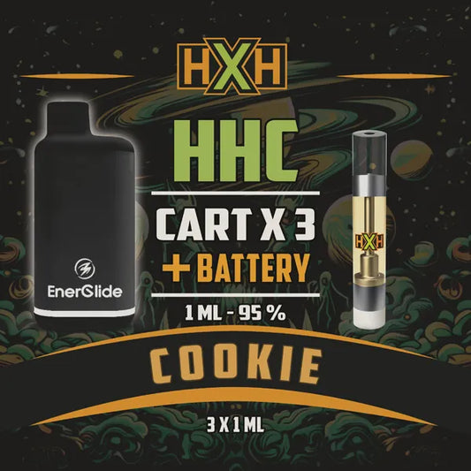 3 x HHC Пълнител Вейп + Батерия от HempXHub, съдържащ 3ml с 95% и терпенов аромат на Бисквитка, бисквитен аромат за Еуфоричен, релаксиращ ефект.