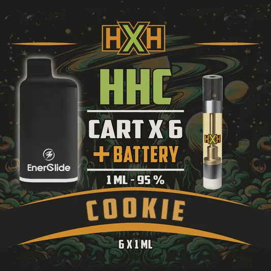 6 x HHC Пълнител Вейп + Батерия от HempXHub, съдържащ 6ml с 95% и терпенов аромат на Бисквитка, бисквитен аромат за Еуфоричен, релаксиращ ефект.