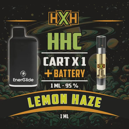 1 x HHC Пълнител Вейп + Батерия от HempXHub, съдържащ 1ml с 95% и терпенов аромат на Lemon Haze, аромат на лимон за вдигащ, релаксиращ ефект.