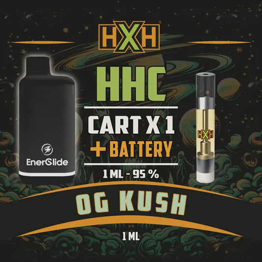 1 x HHC Пълнител Вейп + Батерия от HempXHub, съдържащ 1ml с 95% и терпенов аромат на OG KUSH, аромат на бор за Еуфоричен, Релаксиращ ефект.