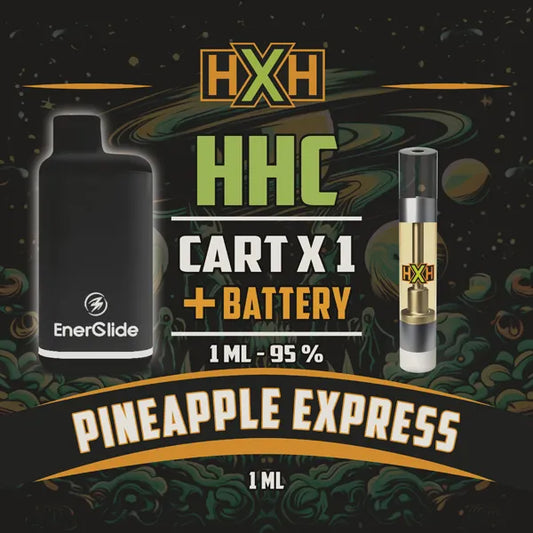 1 x HHC Пълнител Вейп + Батерия от HempXHub, съдържащ 1ml с 95% и терпенов аромат на Pineapple Express, аромат на сладък ананас за ободряващ, креативен ефект.