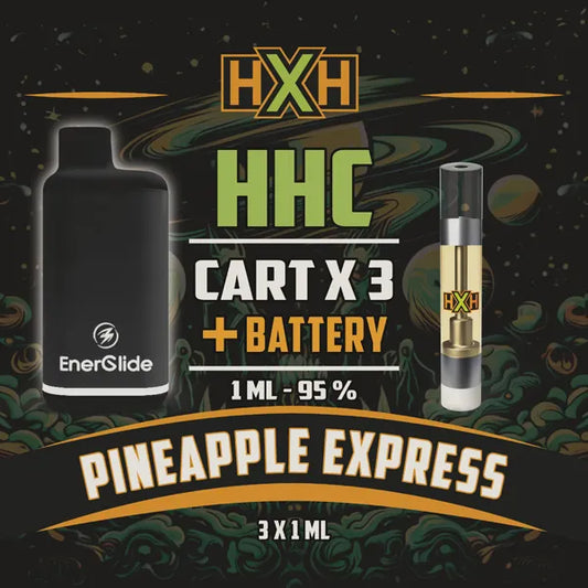 3 x HHC Пълнител Вейп + Батерия от HempXHub, съдържащ 3ml с 95% и терпенов аромат на Pineapple Express, аромат на сладък ананас за ободряващ, креативен ефект.