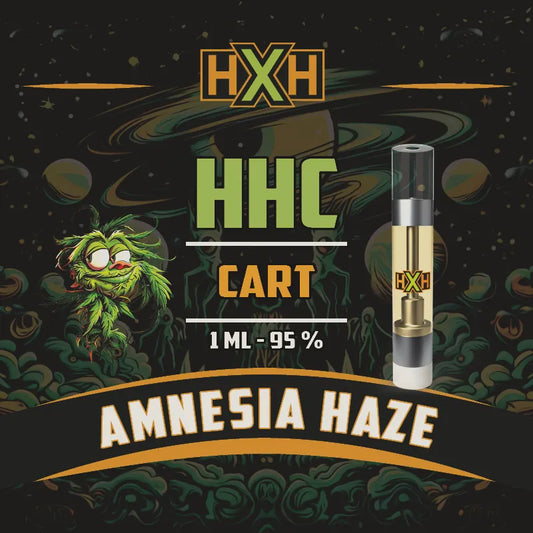 1 x HHC Пълнител Вейп от HempXHub, съдържащ 1ml с 95% и терпенов аромат на Amnesia Haze, аромат на цитруси за повдигащ и еуфоричен ефект.