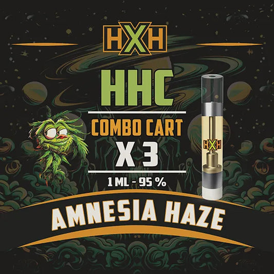 3 x HHC Пълнител Вейп от HempXHub, съдържащ 3ml с 95% и терпенов аромат на Amnesia Haze, аромат на цитруси за повдигащ и еуфоричен ефект.