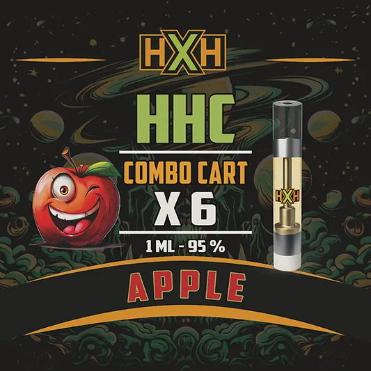 6 x HHC Пълнител Вейп от HempXHub, съдържащ 6ml с 95% и терпенов аромат на Ябълка, сладко плодов аромат за Спокойна еуфория ефект.