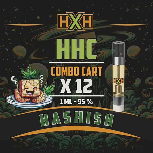 12 x HHC Пълнител Вейп от HempXHub, съдържащ 12ml с 95% и терпенов аромат на Hashish, земен аромат за Психоактивен, релаксиращ ефект.