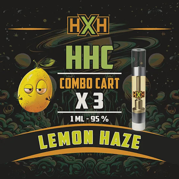 3 x HHC Пълнител Вейп от HempXHub, съдържащ 3ml с 95% и терпенов аромат на Lemon Haze, аромат на лимон за вдигащ, релаксиращ ефект.