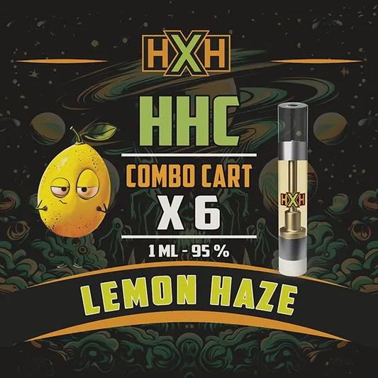 6 x HHC Пълнител Вейп от HempXHub, съдържащ 6ml с 95% и терпенов аромат на Lemon Haze, аромат на лимон за вдигащ, релаксиращ ефект.