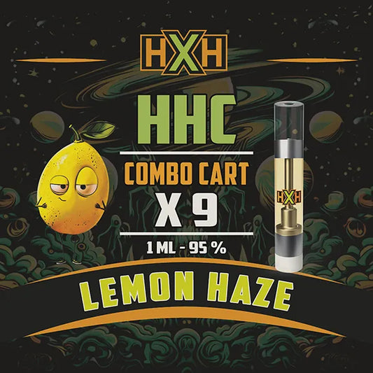 9 x HHC Пълнител Вейп от HempXHub, съдържащ 9ml с 95% и терпенов аромат на Lemon Haze, аромат на лимон за вдигащ, релаксиращ ефект.