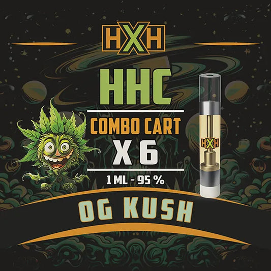 6 x HHC Пълнител Вейп от HempXHub, съдържащ 6ml с 95% и терпенов аромат на OG KUSH, аромат на бор за Еуфоричен, Релаксиращ ефект.