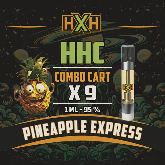 9 x HHC Пълнител Вейп от HempXHub, съдържащ 9ml с 95% и терпенов аромат на Pineapple Express, аромат на сладък ананас за ободряващ, креативен ефект.