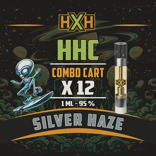 12 x HHC Пълнител Вейп от HempXHub, съдържащ 12ml с 95% и терпенов аромат на Silver Haze, дървесно тютюнов аромат за Енергичен, убодряващ ефект.