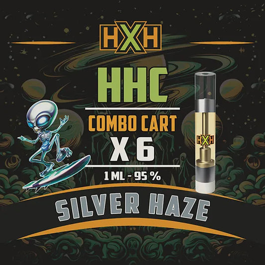 6 x HHC Пълнител Вейп от HempXHub, съдържащ 6ml с 95% и терпенов аромат на Silver Haze, дървесно тютюнов аромат за Енергичен, убодряващ ефект.