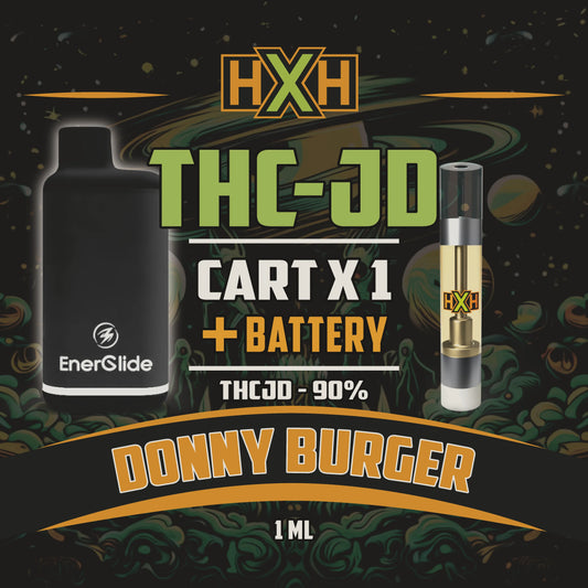 1 x THC-JD Пълнител Вейп + Батерия от HempXHub, съдържащ 1ml с 90% THCJD и терпенов аромат на Donny Burger, успокояващ, щастлив за аромат на кедър ефект.