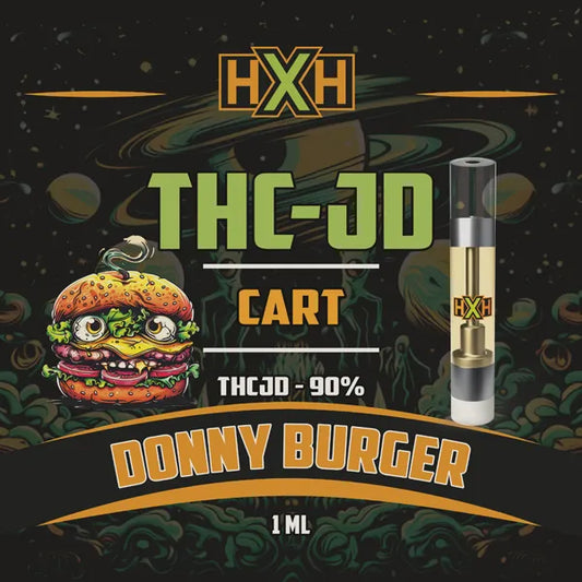 1 x THC-JD Пълнител Вейп от HempXHub, съдържащ 1ml с 90% THCJD и терпенов аромат на Donny Burger, успокояващ, щастлив за аромат на кедър ефект.