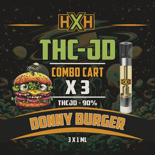 3 x THC-JD Пълнител Вейп от HempXHub, съдържащ 3ml с 90% THCJD и терпенов аромат на Donny Burger, успокояващ, щастлив за аромат на кедър ефект.