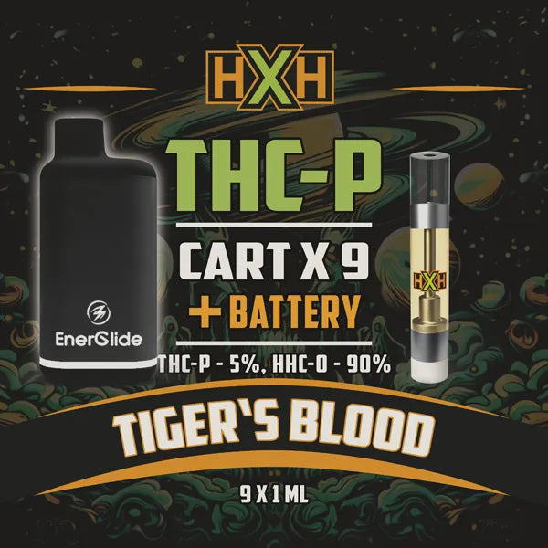 9 x THC-P Пълнител Вейп + Батерия от HempXHub, съдържащ 9ml с 5% THC-P 90% HHC-O и терпенов аромат на Tiger's Blood, Забавен, смееш се за цитрусов аромат ефект.