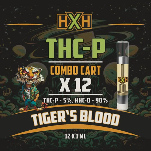 12 x THC-P Пълнител Вейп от HempXHub, съдържащ 12ml с 5% THC-P 90% HHC-O и терпенов аромат на Tiger's Blood, Забавен, смееш се за цитрусов аромат ефект.