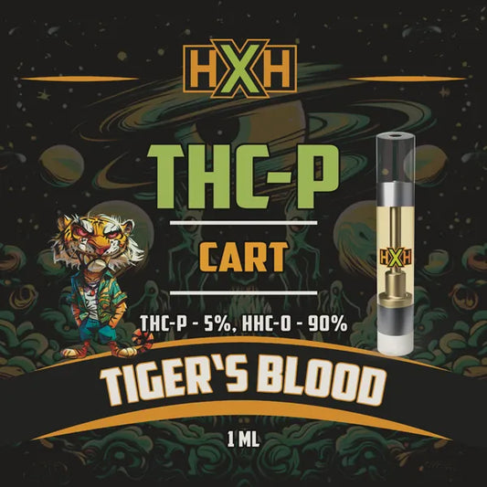 1 x THC-P Пълнител Вейп от HempXHub, съдържащ 1ml с 5% THC-P 90% HHC-O и терпенов аромат на Tiger's Blood, забавен, смееш се за цитрусов аромат ефект.