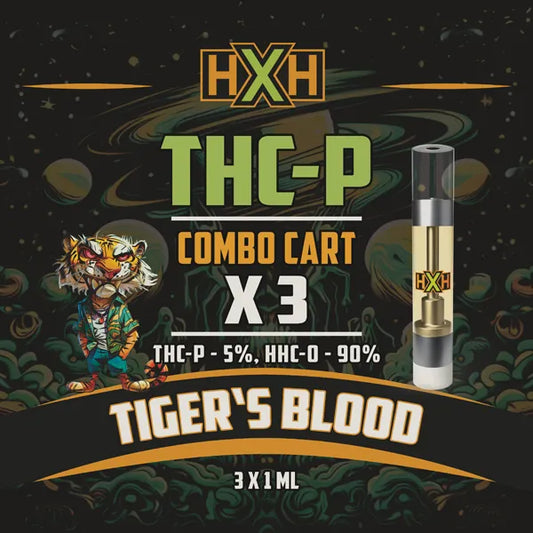 3 x THC-P Пълнител Вейп от HempXHub, съдържащ 3ml с 5% THC-P 90% HHC-O и терпенов аромат на Tiger's Blood, Забавен, смееш се за цитрусов аромат ефект.