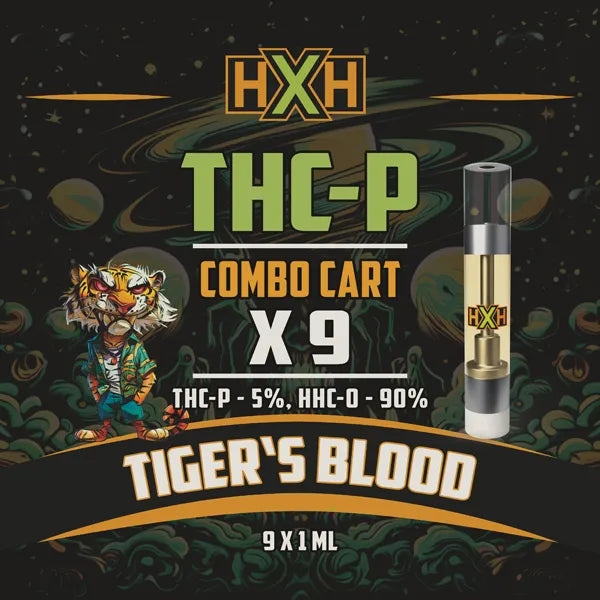 9 x THC-P Пълнител Вейп от HempXHub, съдържащ 9ml с 5% THC-P 90% HHC-O и терпенов аромат на Tiger's Blood, Забавен, смееш се за цитрусов аромат ефект.